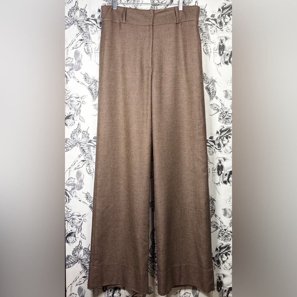 Christian Cota Brown/Black Silk & Cashmere Tweed Wide Leg Trouser Pants, Sz 12
